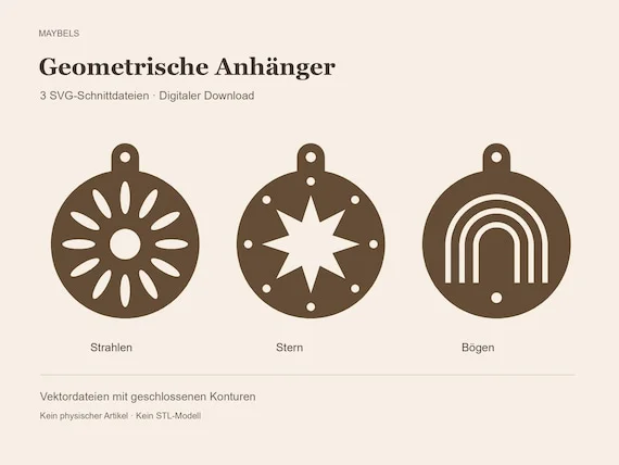 Geometrische Anhänger SVG Set – 3 Schnittdateien Strahlen Stern Bögen, digitaler Download