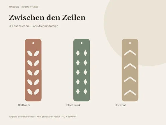 Lesezeichen SVG Set – 3 geometrische Schnittdateien Blattwerk Flechtwerk Horizont, Plotterdateien für Papier