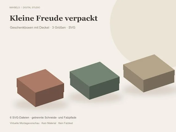 Geschenkbox SVG Set mit Deckel – 3 Größen, 6 Schnittdateien mit separaten Falzpfaden, Papierbox Vorlage A4