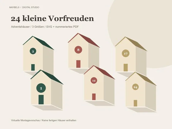Adventskalender Häuser SVG und PDF – 24 Zahlen, 3 Papierhaus Größen, nummerierte A4 Bastelvorlagen für Weihnachten