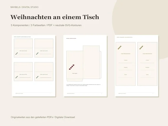 Weihnachtliche Tischdeko PDF und SVG – Tischkarten, Menükarten, Bestecktasche und Serviettenbanderolen, 3 Farbwelten