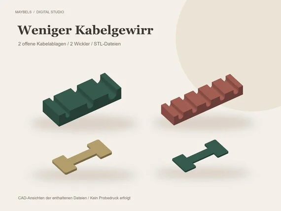 Kabel Organizer STL Set – 2 offene Kabelablagen und 2 Kabelwickler, Schreibtisch Ordnung, 4 Dateien für 3D Druck