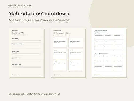 Silvester Spiele PDF – Jahresrückblick, Prognosen, 12 Gesprächskarten, 8 Party Bingo Bögen und Zeitkapsel zum Ausdrucken